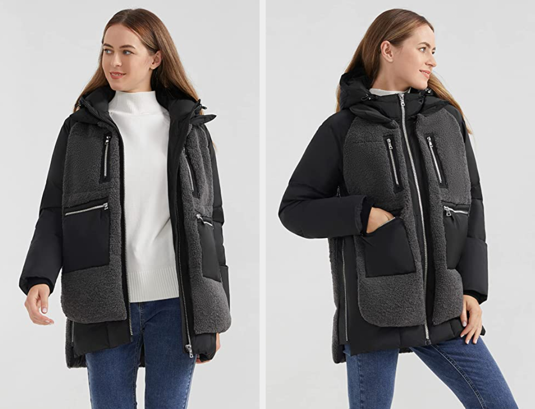 Two images of a model wearing the black jacket