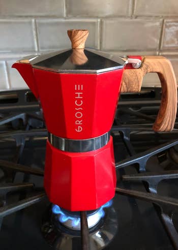 reviewers red moka pot heating up on a stove