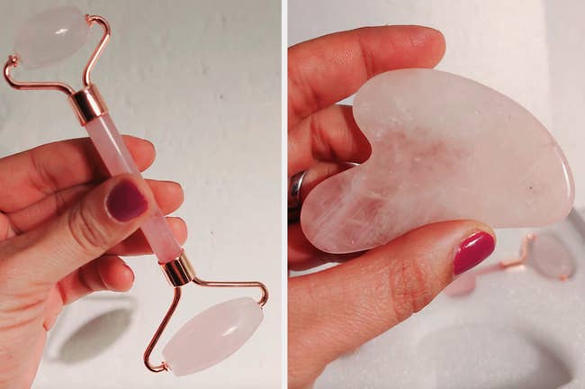 A pink doublesided face roller and a heart-shaped pink gua sha tool 