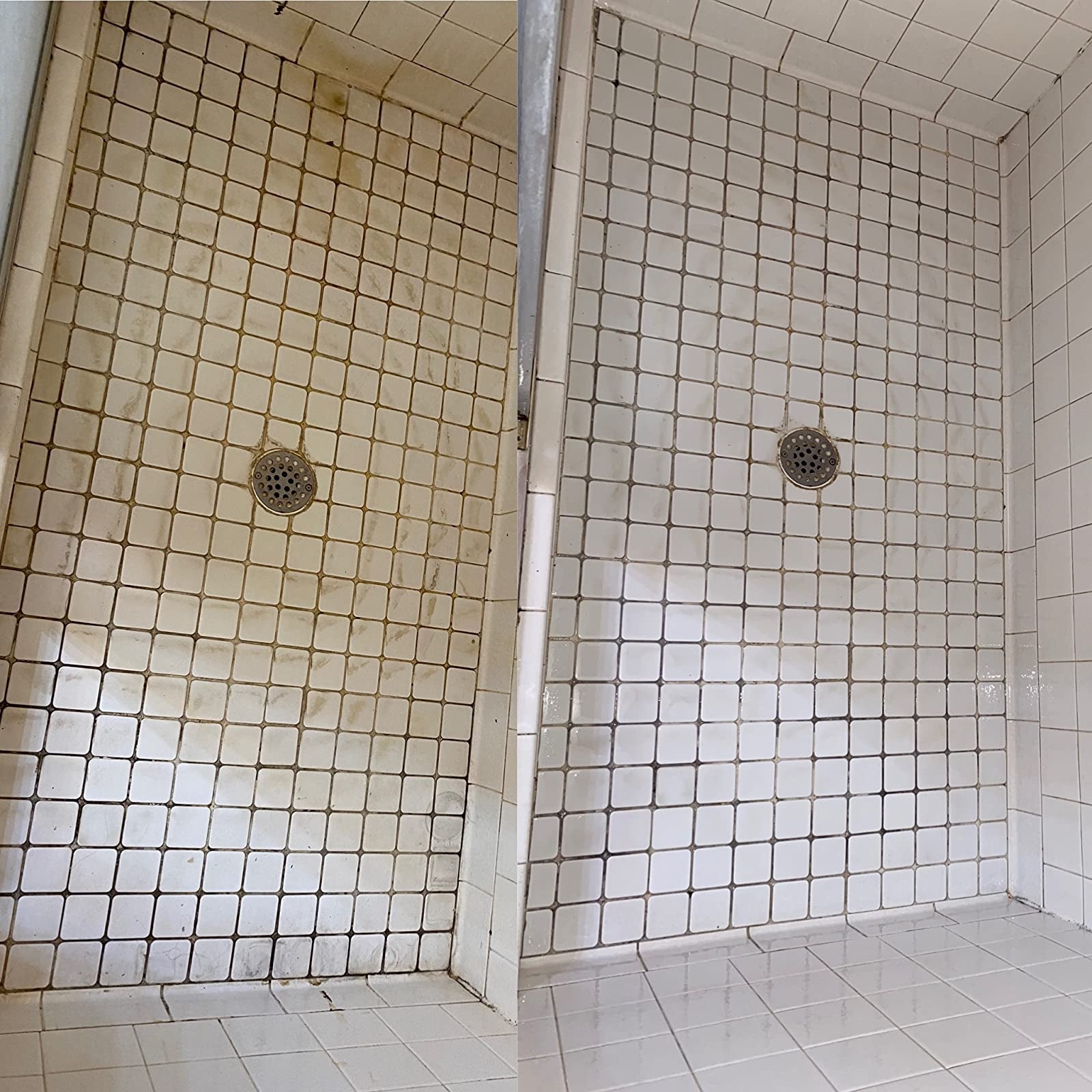 reviewer before and after images of a dirty and staishower floor becoming clean