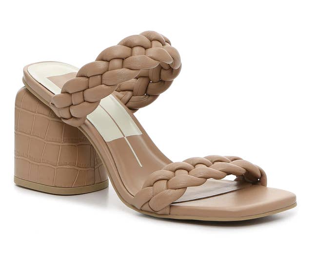 Tan sandals with a thick block heels and two braided straps