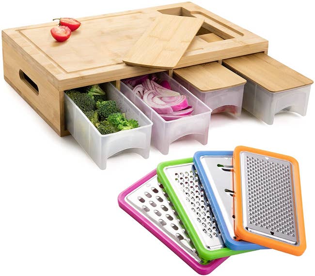 the bamboo prep station with four storage containers and four graters