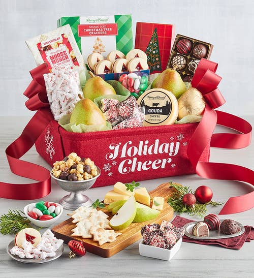 christmas gift basket with all the food laid out