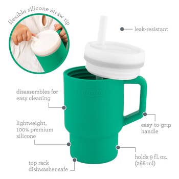 Green silicone sippy cupful with grip and flexible straw. Features see leak-resistant lid, dishwasher-safe parts, casual grip, 9 oz capacity