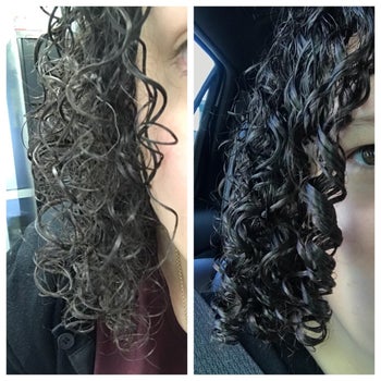 on left, reviewer with curls that are not defined. On right, same reviewer with defined and untangled curls
