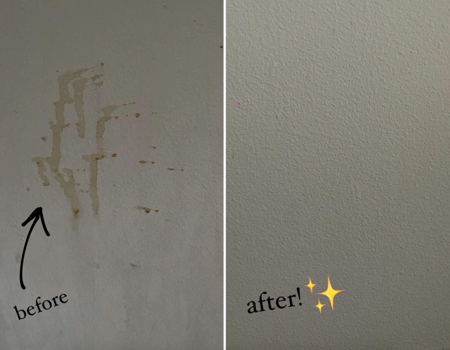 on left: before photo of brown stain on wall. on right: after photo of same wall with no stain after using the multipurpose spray above