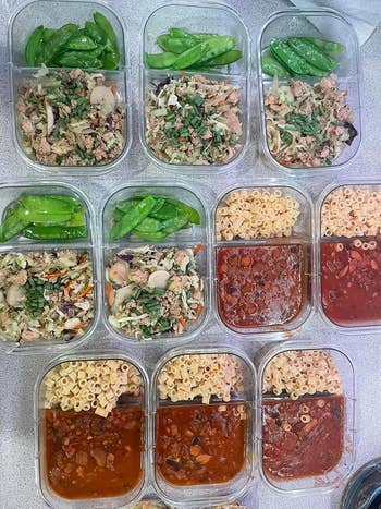 10 of the two compartment storage containers with the reviewer's meal prep in it 