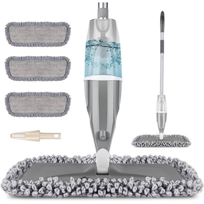 Spray mop acceptable with a detachable bottle, reusable cleaning pads, and a tiny brush, suitable for household level maintenance
