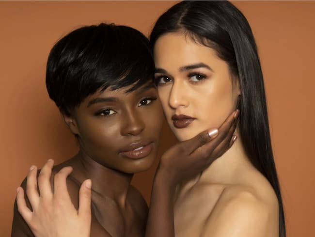Models wearing two nude Mented semi-matte lipstick shades