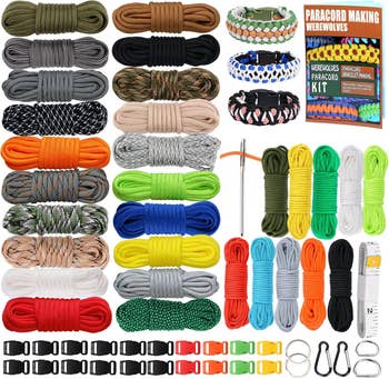 Paracord bracelet kit with assorted cords, buckles, a tool, and instructions for making wearable crafts. Ideal for DIY enthusiasts