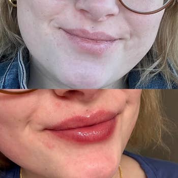 Close-up of two images showing reviewer's lips before and after sleeping mask treatment with glossy, opaque finish
