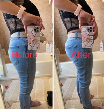 reviewer showing a before and after of wearing the padded underwear under jeans, showing the lift and fuller shape it gives