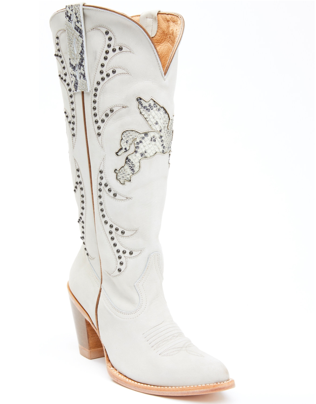 White cowboy boot with silver studs on a white background