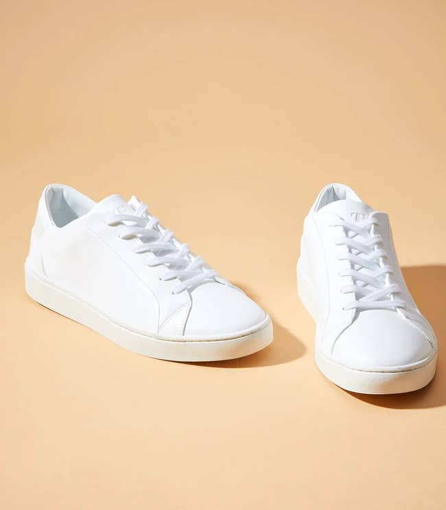 the white lace-up sneakers on an orange background 