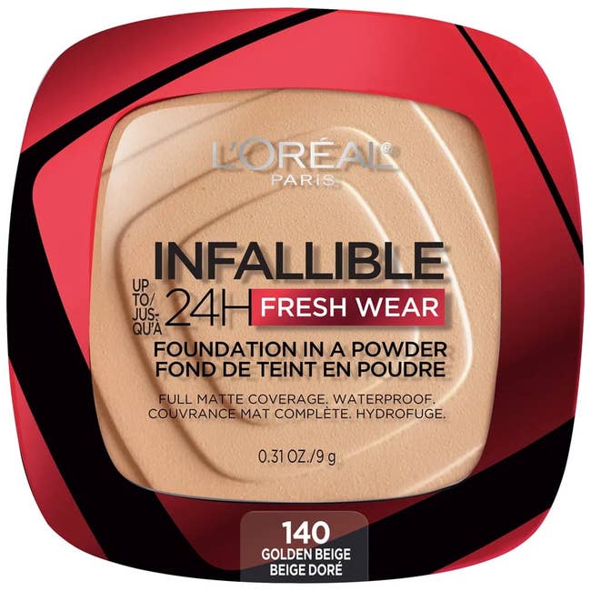 Image of L'Oréal Paris Infallible 24H Fresh Wear Foundation in a powder format, labeled in shade 140 Golden Beige