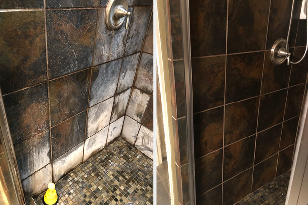 a reviewer's dark shower with a bunch of white stains on it before and after looking very clean