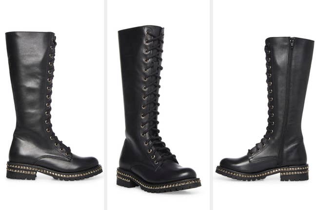Three images of the black Steve Madden combat boots