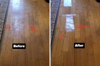 Reviewer image of hardwood floors before and after cleaning