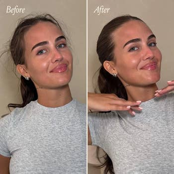 Split image of a smiling woman before and after using a beauty product, showcasing smoother skin and a sleek hairstyle