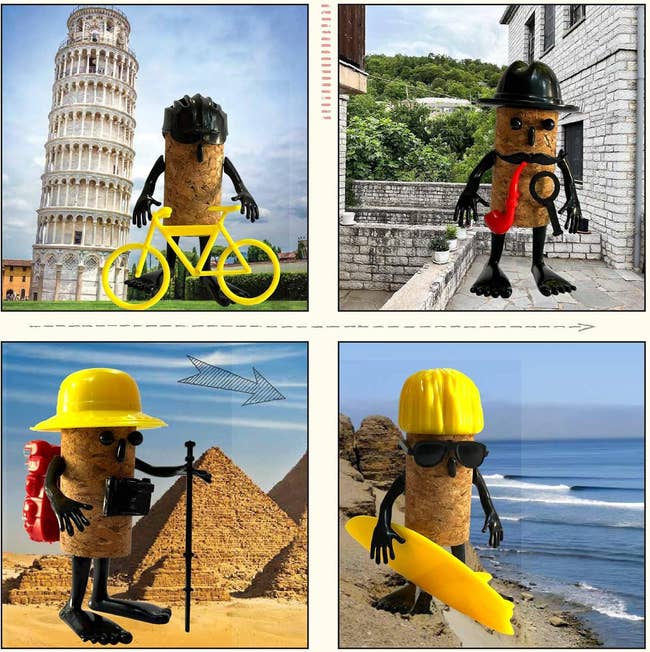 1 with a bicycle astatine Pisa, different with a tube successful a city, 1 adjacent pyramids with a camera, and 1 with a surfboard by the sea