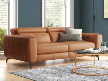 caramel colored leather sofa