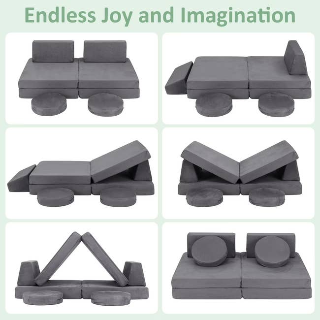 Six configurations of a modular children's sofa, showcasing its versatility for imaginative play   and seating