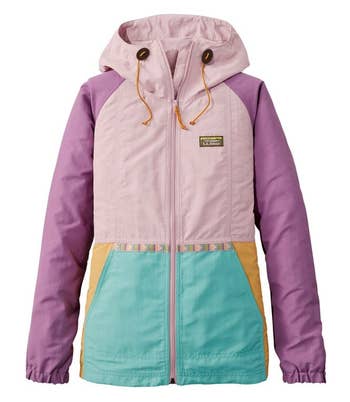 the multi-color jacket in shades of purple, yellow, and teal