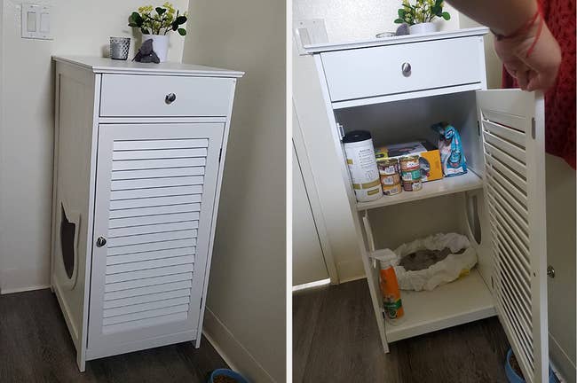 Reviewer image of tall white cupboard with hole in the side, interior view of product with litter box inside