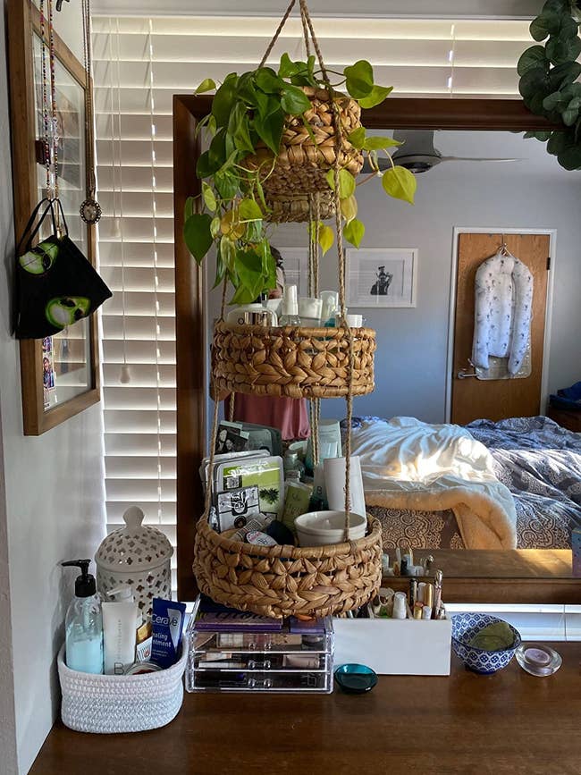 the basket being used as a planter and skincare storage