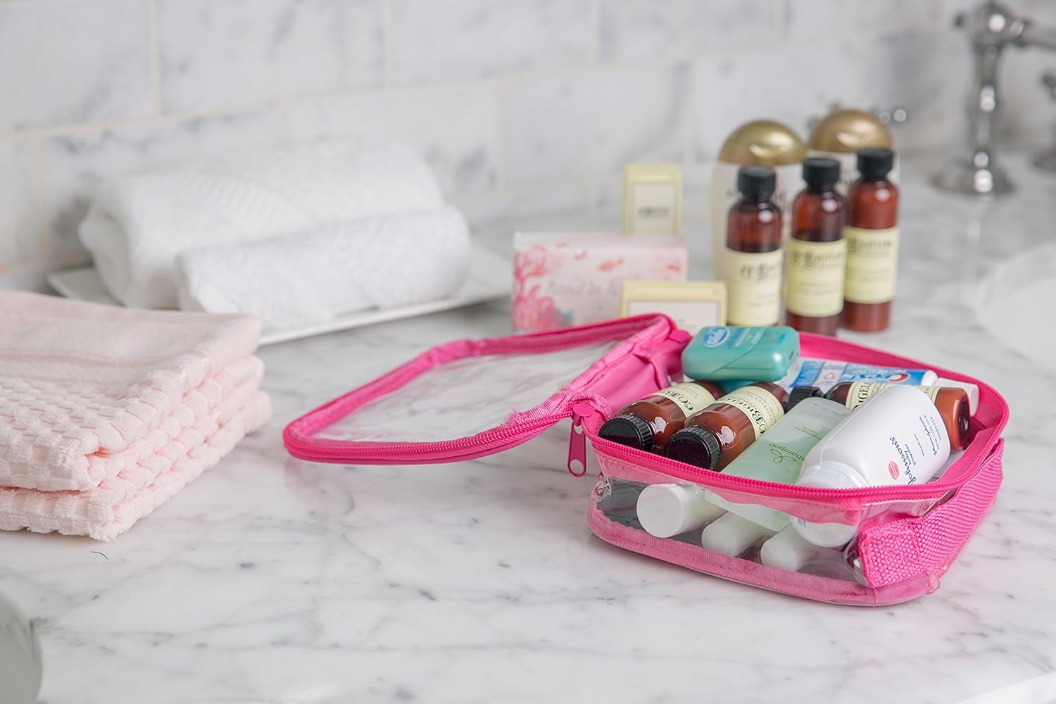clear bag with toiletries inside