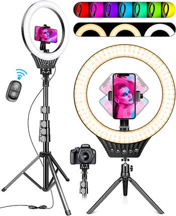 the ring light tripod with a phone in the holder