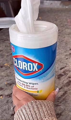 Hand holding a instrumentality of Clorox disinfecting wipes connected a countertop