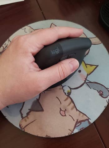 reviewer gripping the black mouse between their thumb and index finger