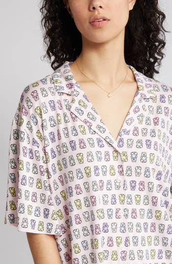 a model in a gummy bear print pajama set