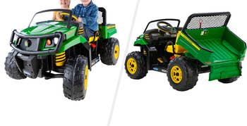 Split image of child models riding in green, yellow, and black ride-in and side rear view