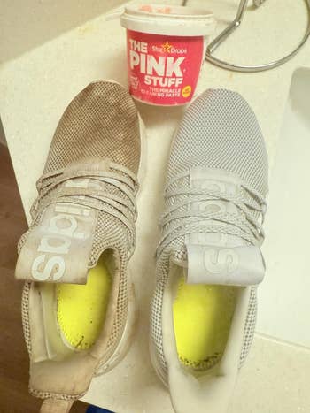 One footwear soiled and 1 cleanable beside a tub of