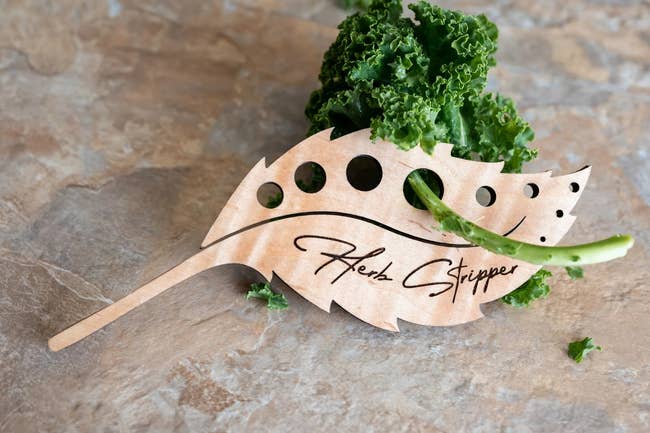 the leaf-shaped herb stripper being used to take the leaves off a sprig of kale