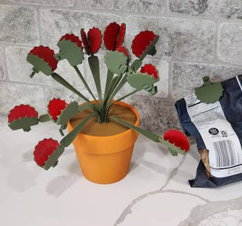 3d printed bouquet of Venus flytrap clips beside a container of chips clipped closed