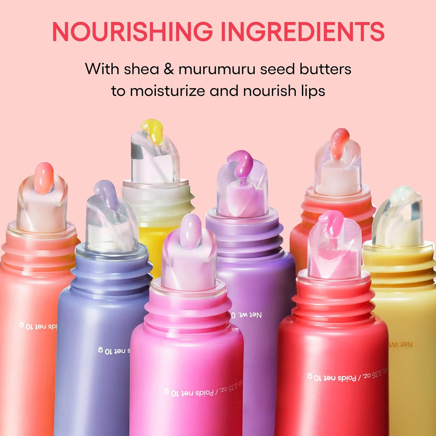 Various articulator  balm tubes with wide   caps; substance   highlights shea and murumuru effect    butters for moisturizing and nourishing lips