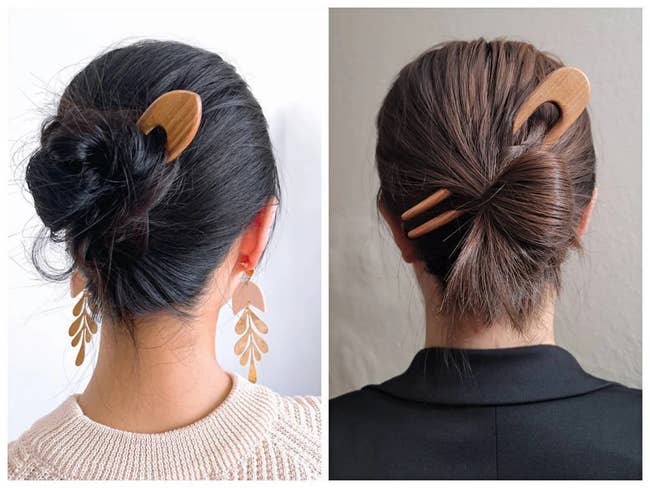 Models with hair in a bun held together by wooden clips 