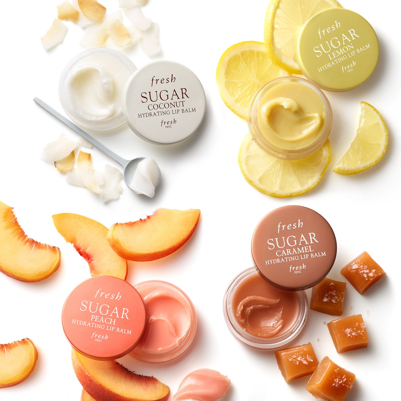 The lip balms in coconut, peach, caramel, and lemon scents