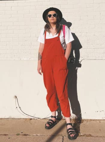 Reviewer wearing red overalls