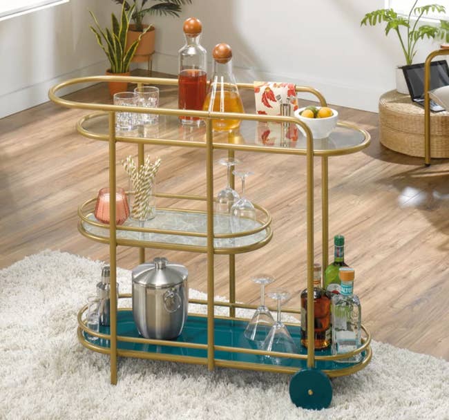 Image of gold and blue bar cart