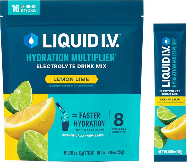 Liquid I.V. Hydration Multiplier Lemon Lime packaging displays 16 sticks for faster hydration with 8 vitamins and nutrients