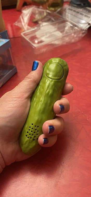 reviewer holding yodelling pickle 