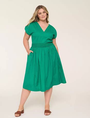 Person wearing a V-neck dress with a cinched waist and knee-length skirt, paired with open-toe footwear, posing for a shopping article