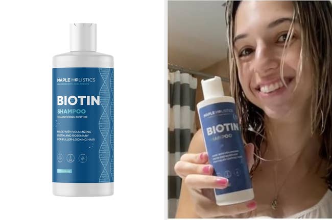 Smiling person showing a bottle of Maple Holistics Biotin Shampoo, ideal for volumizing hair, with a close-up of the bottle on the left