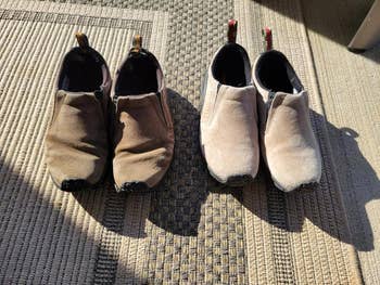 Two pairs of slip-on shoes connected  a woven mat, showcasing their casual, comfy  plan  for easy, mundane  wear
