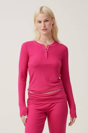model wearing the pink long sleeve
