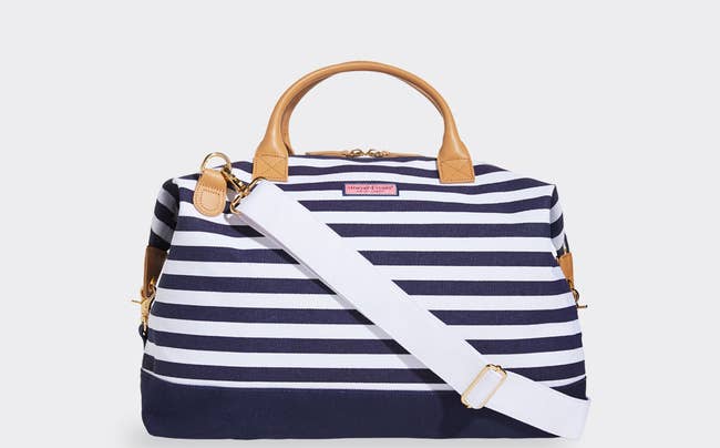 the blue and white striped weekender bag